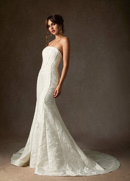 Antique White Mermaid Strapless Floral Jacquard Dress