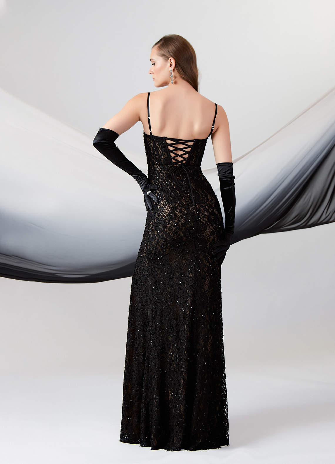 Black Nude A-Line Sequins Stretch Satin Dress