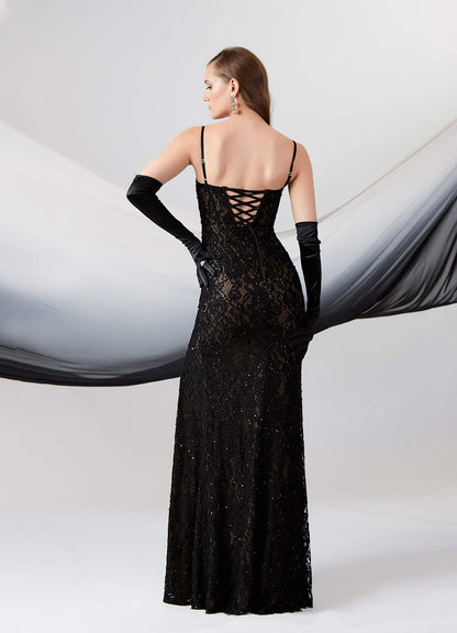 Black Nude A-Line Sequins Stretch Satin Dress