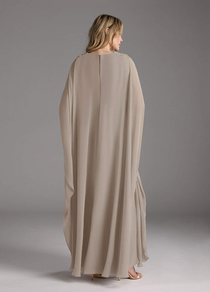 Taupe A-Line Pleated Chiffon Dress