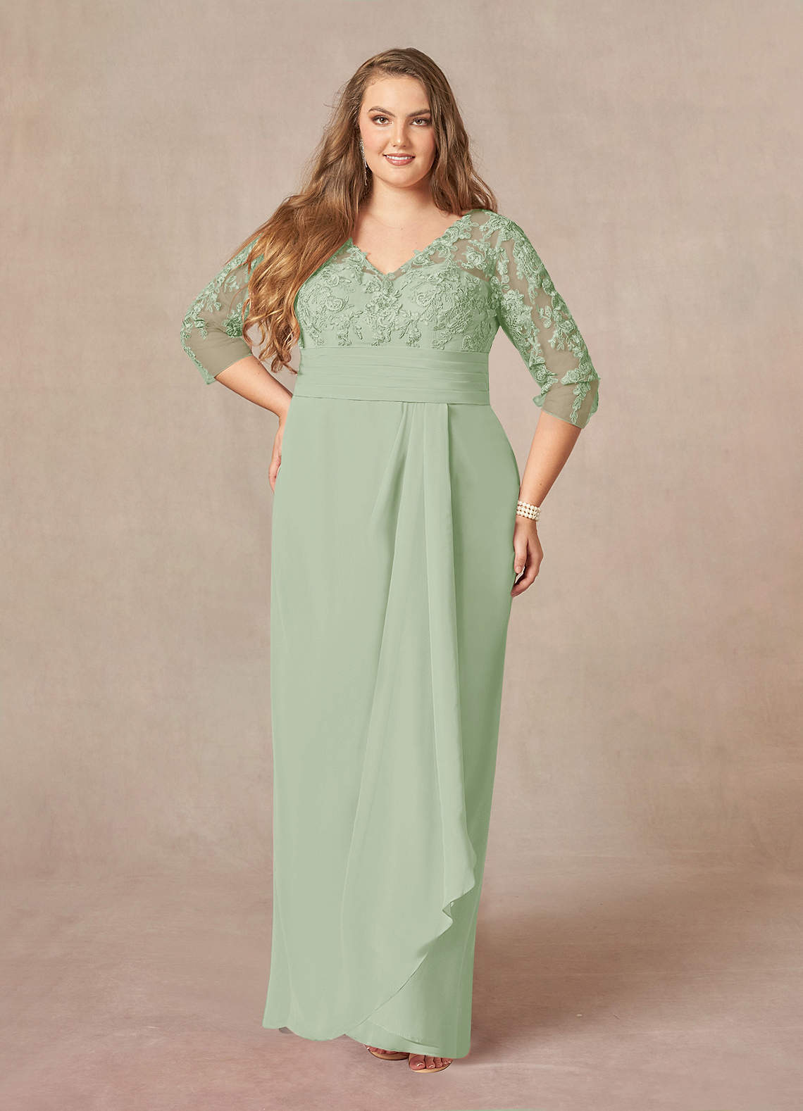 Dusty Sage Sheath V-Neck Lace Chiffon Dress