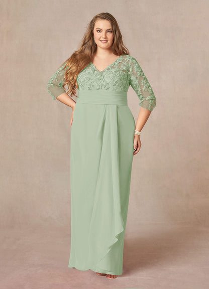 Dusty Sage Sheath V-Neck Lace Chiffon Dress