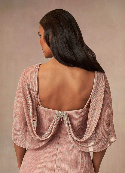Rose Gold A-Line Cowl Cape Metallic Mesh Dress