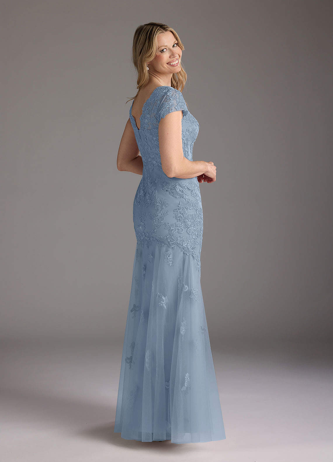 Dusty Blue Mermaid Queen Anne Sequins Lace Dress