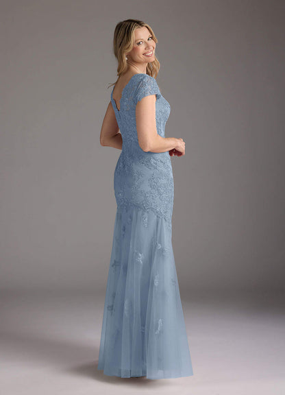 Dusty Blue Mermaid Queen Anne Sequins Lace Dress