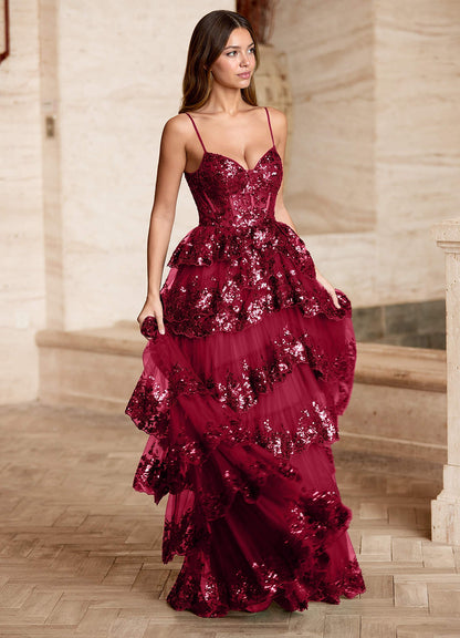 Tindra Burgundy Sequins Ruffles Prom Dress  Dress