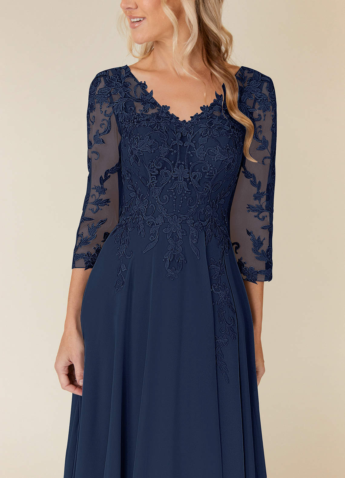 Dark Navy A-Line V-Neck Lace Chiffon Dress
