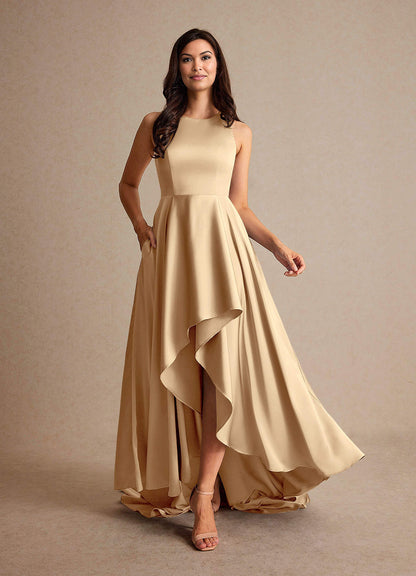 Champagne A-Line Trains Stretch Satin Dress