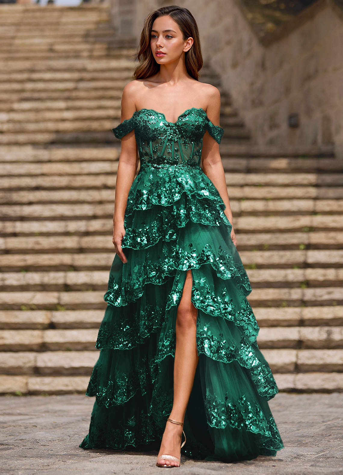 Glitz Green Ruffled A-Line Prom Dress  Dress
