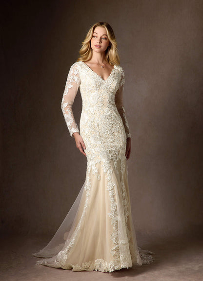 Diamond White Champagne Mermaid V-Neck lace Tulle Dress