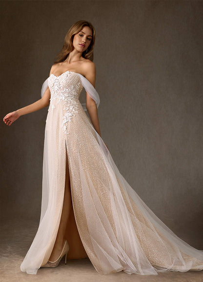 Diamond White Nude A-Line Off the Shoulder Beading Dress