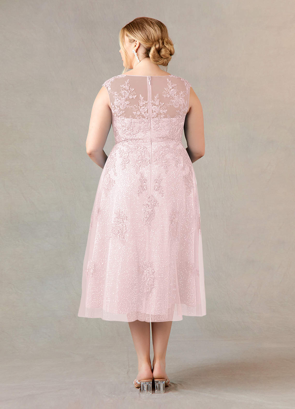 Blushing Pink A-Line Boatneck Lace Tulle Dress