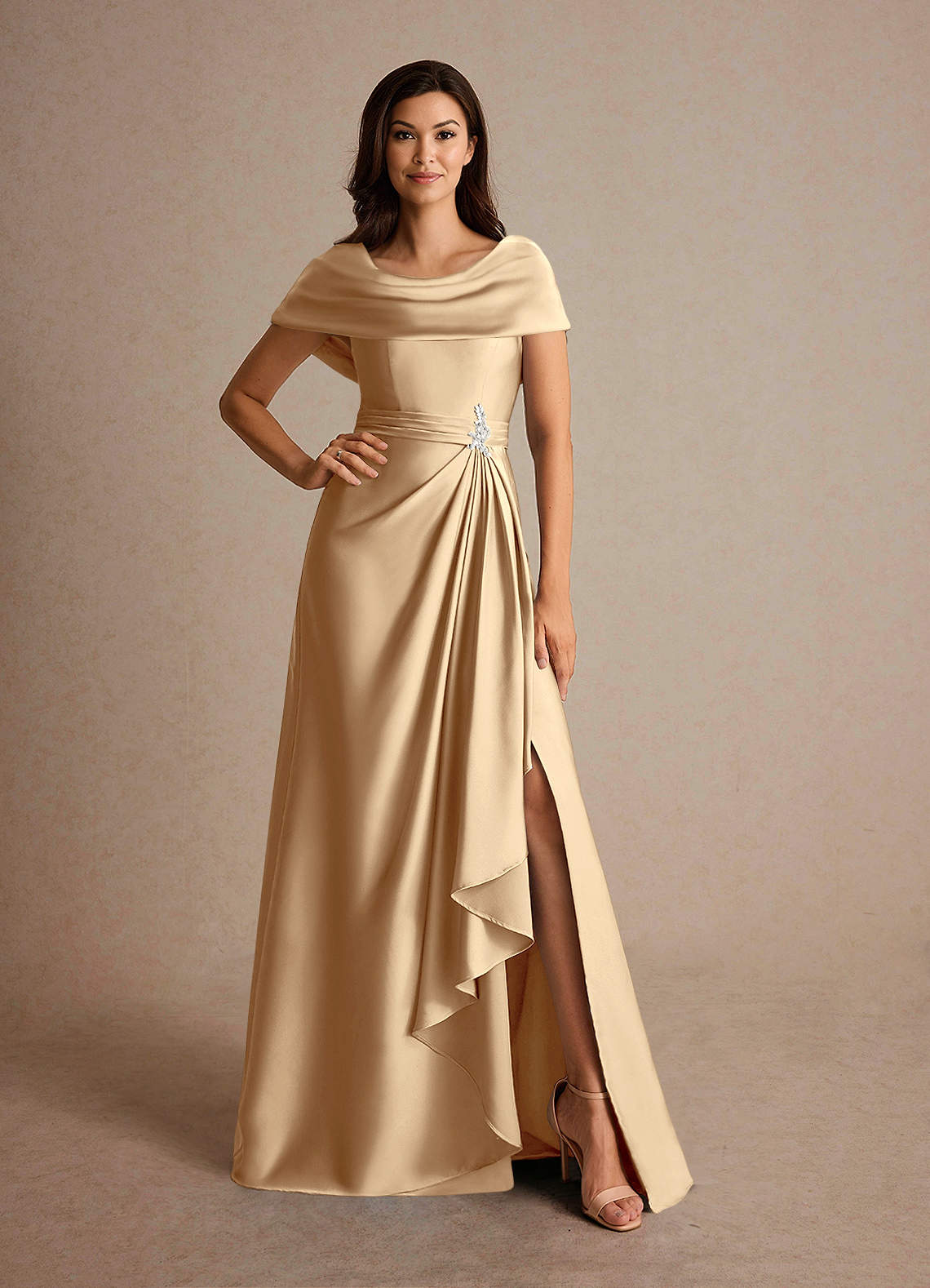 Champagne A-Line Pleated Stretch Satin Dress