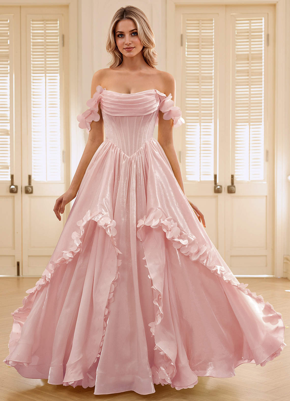 Elysia Pink Corset Rhinestone Sheer Lace Prom Dress