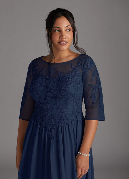 Dark Navy A-Line Scoop Lace Chiffon Dress