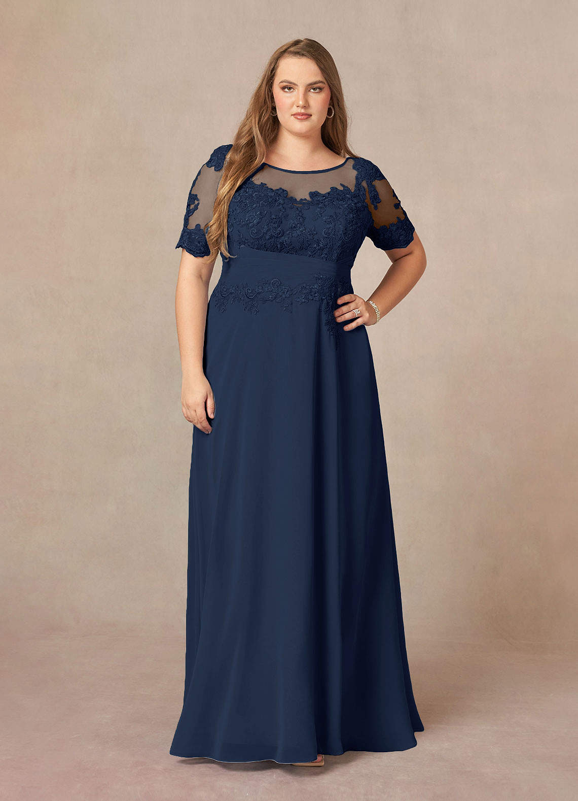 Dark Navy A-Line Lace Chiffon Dress