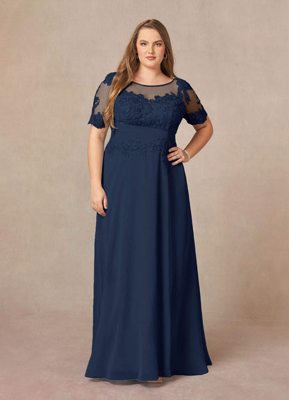 Dark Navy A-Line Lace Chiffon Dress
