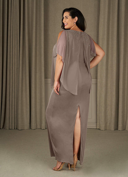 Taupe Sheath Beaded Mesh Dress