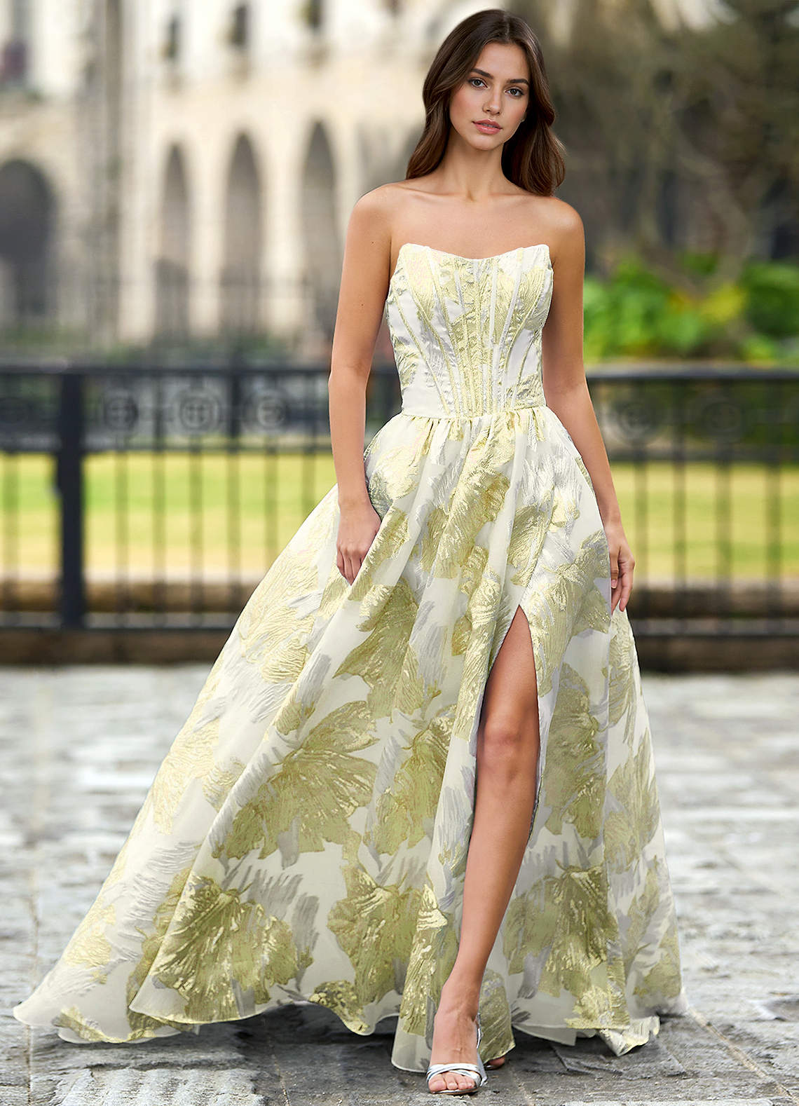 Thalia Champagne Enchanted Garden Lace-Up A-Line Prom Dress