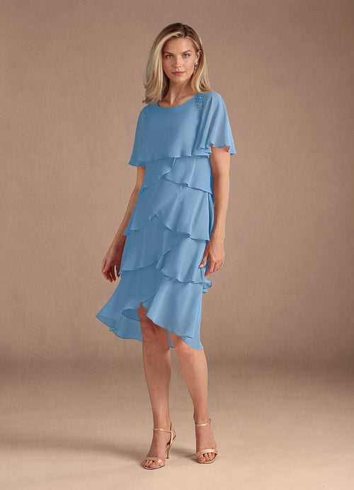Steel Blue A-Line Scoop Beaded Chiffon Dress