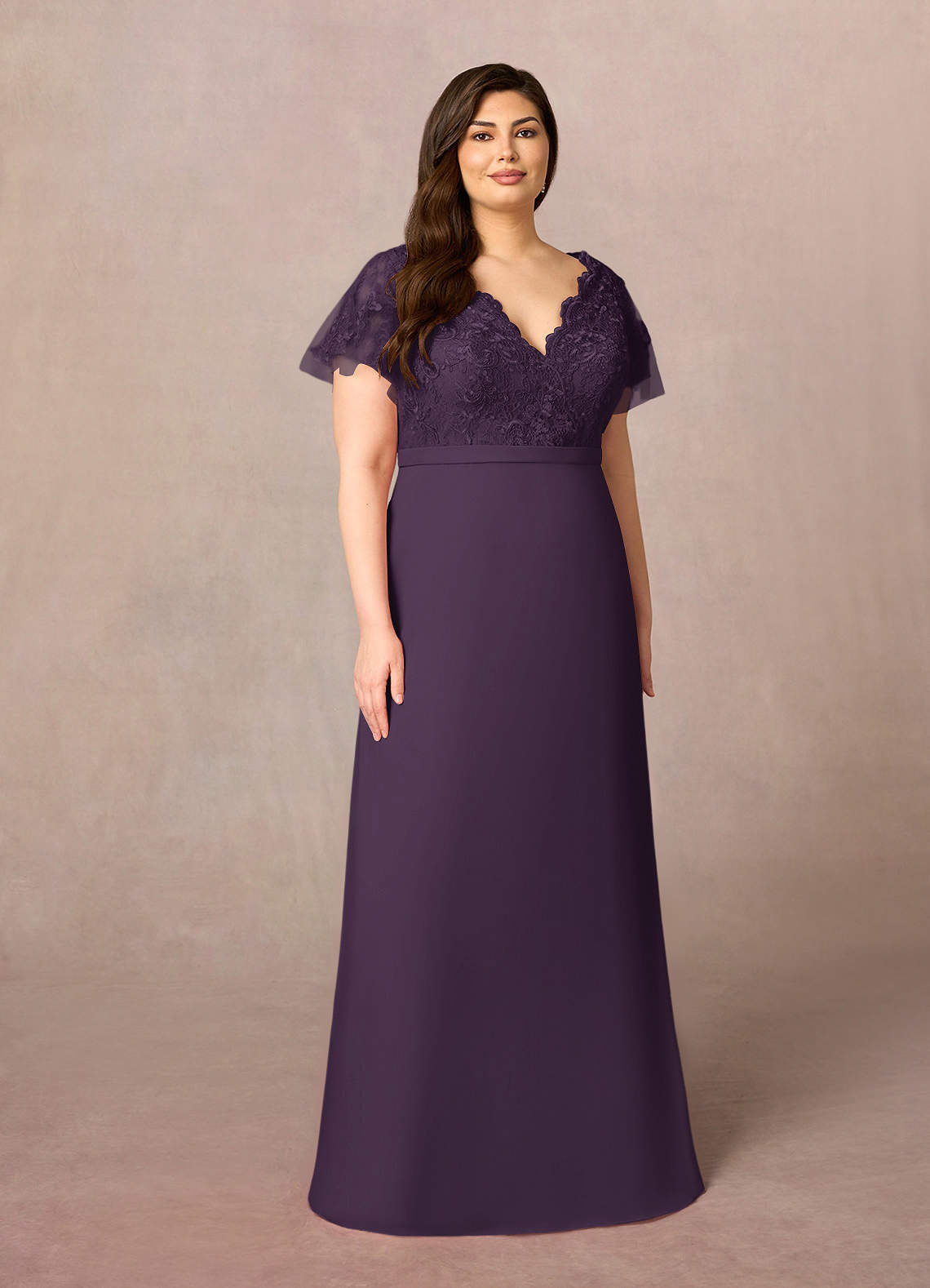 Plum A-Line V-Neck Lace Chiffon Dress