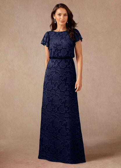 Dark Navy A-Line Boatneck Floral Burnout Dress