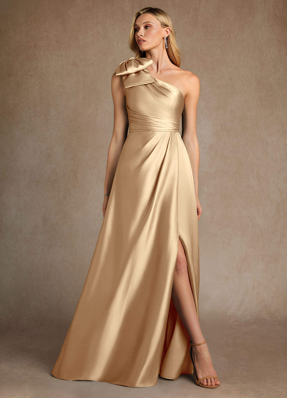 Champagne A-Line One Shoulder Stretch Satin Dress