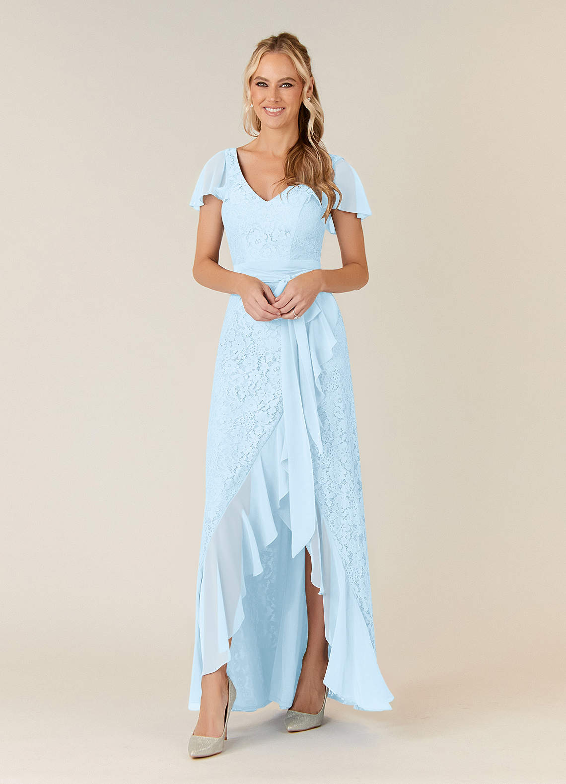 Sky Blue A-Line V-Neck Chiffon Dress