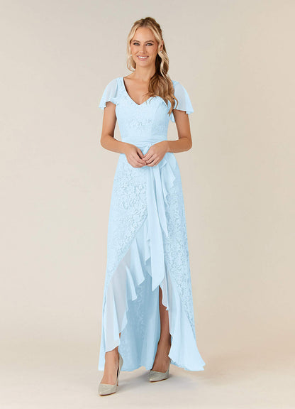 Sky Blue A-Line V-Neck Chiffon Dress