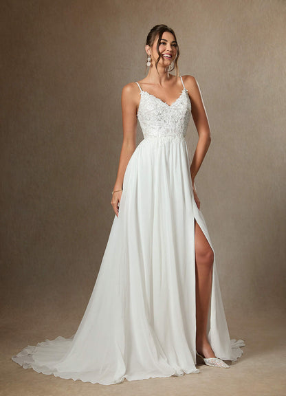 Diamond White A-Line Lace Chiffon Dress