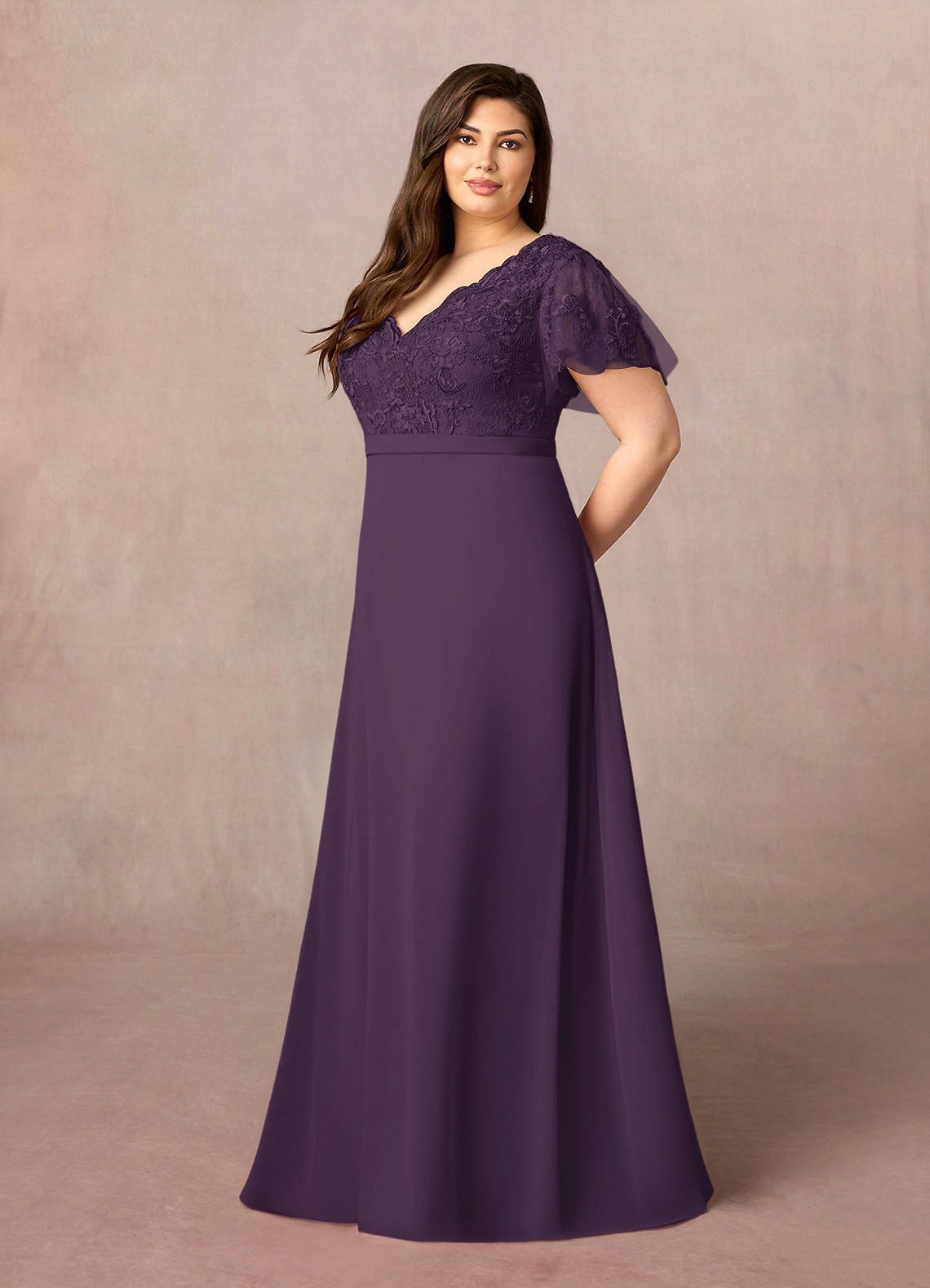 Plum A-Line V-Neck Lace Chiffon Dress