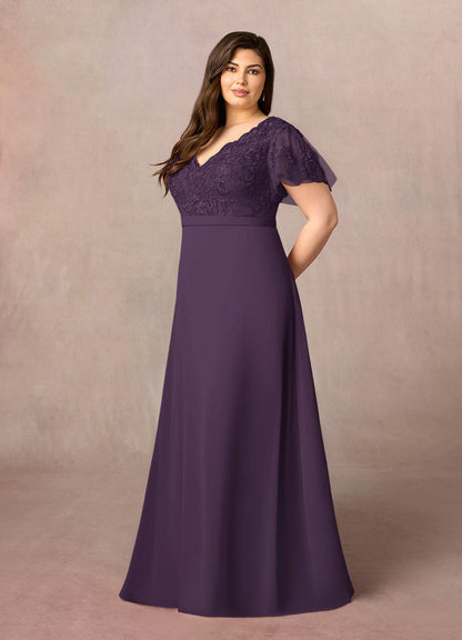 Plum A-Line V-Neck Lace Chiffon Dress