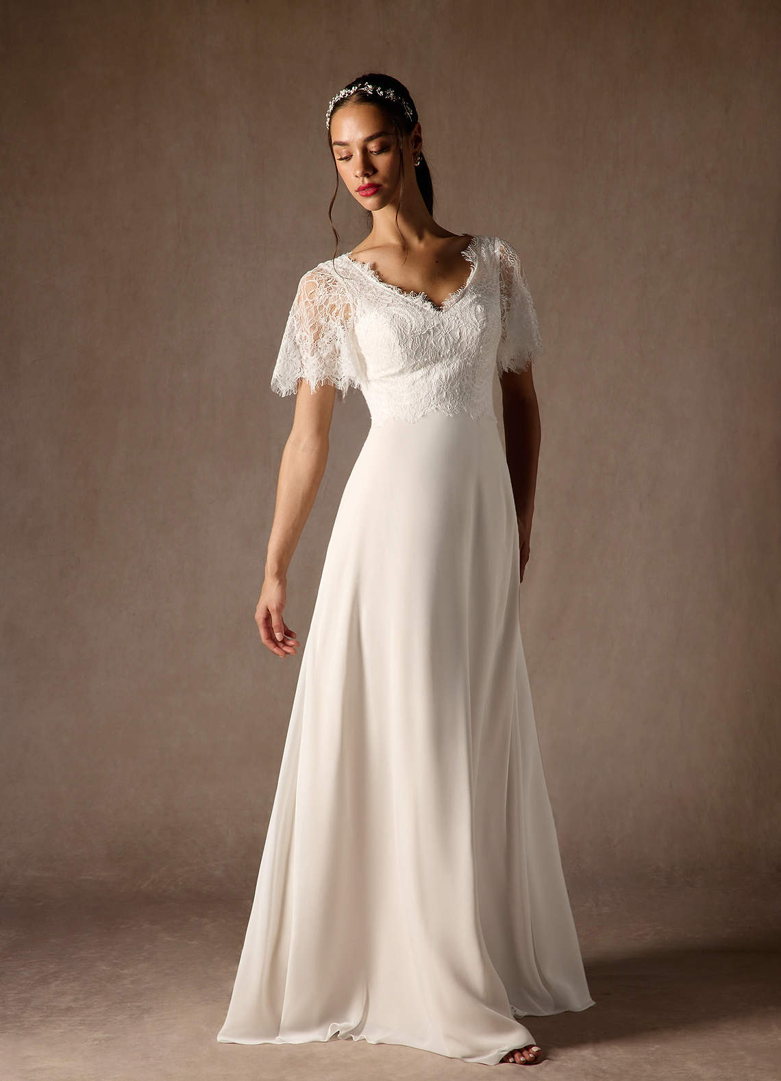 Diamond White Champagne A-Line V-Neck lace Chiffon Dress