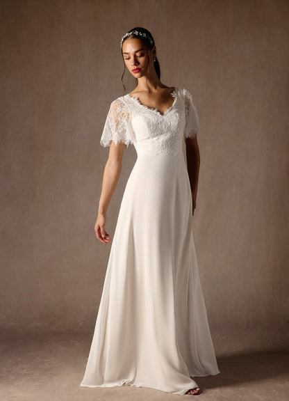 Diamond White Champagne A-Line V-Neck lace Chiffon Dress
