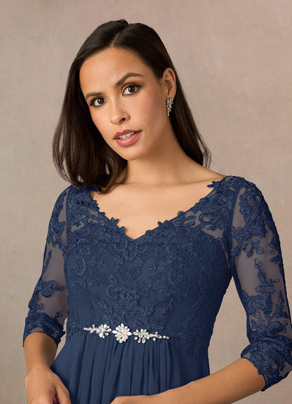 Dark Navy A-Line V-Neck Lace Chiffon Dress