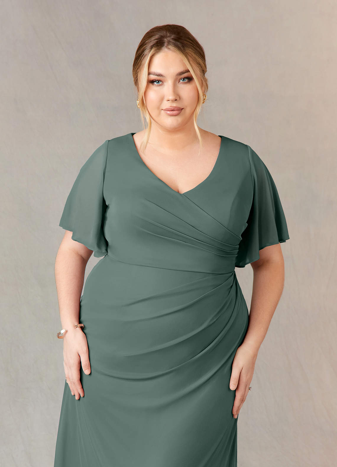 Eucalyptus A-Line V-Neck ruched Mesh Dress