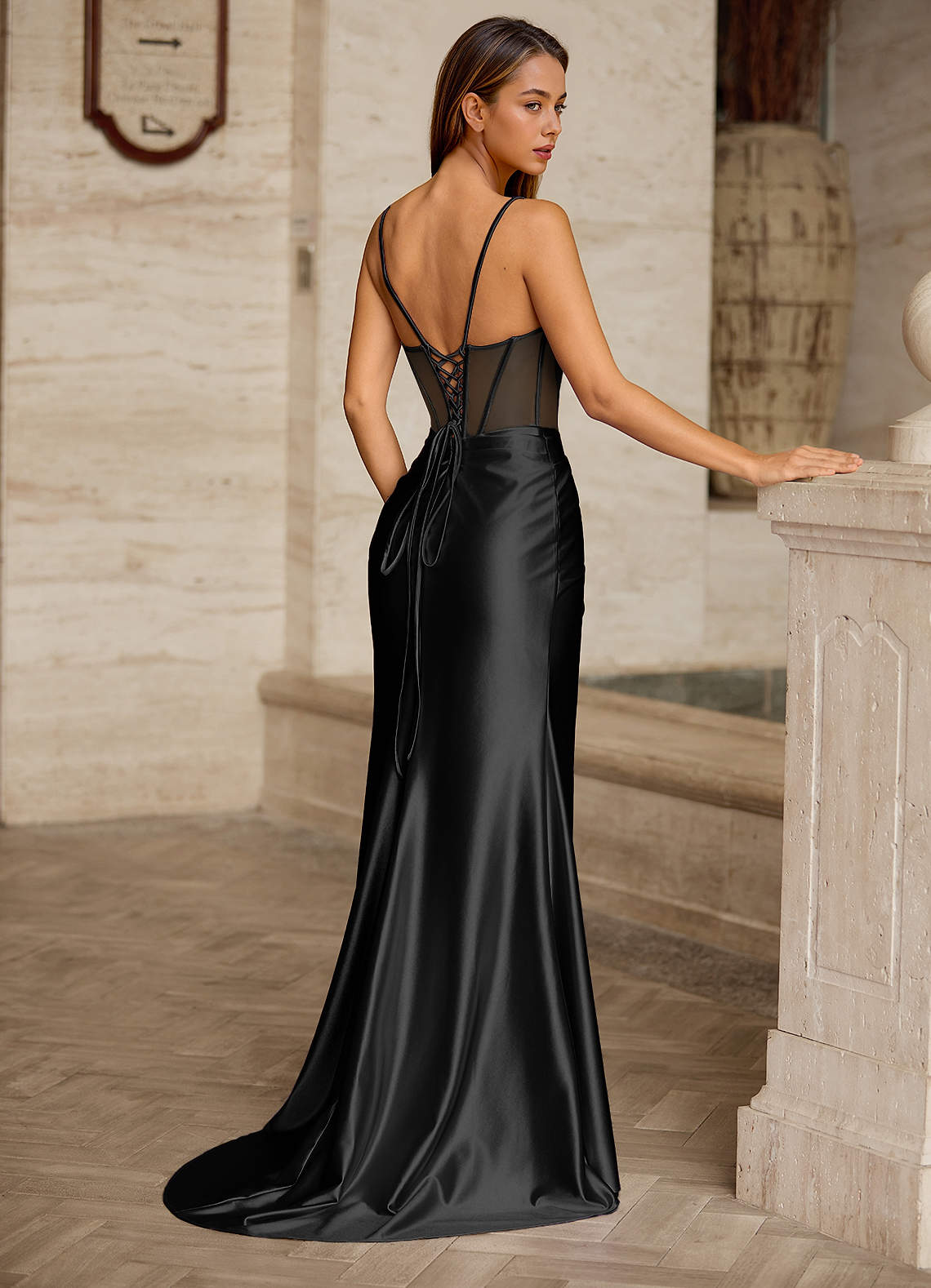 Bianca Black Rhinestone Cutout Corset Satin Prom Dress  Dress