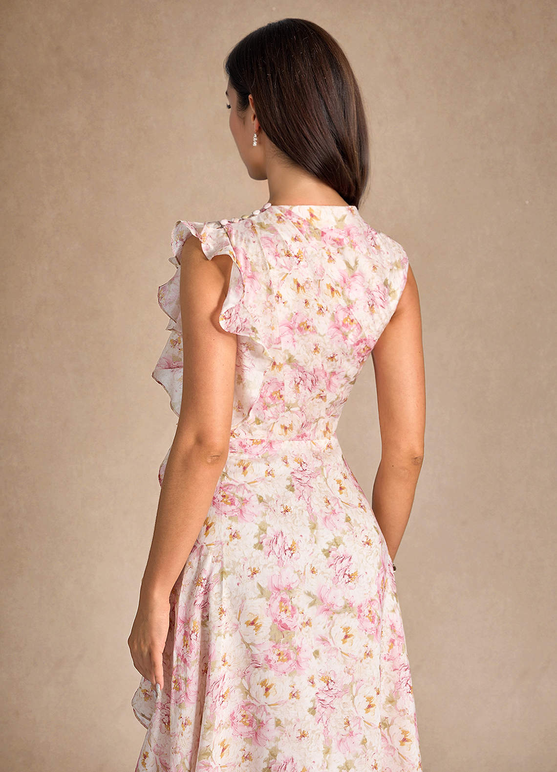 Antique Rose Floral A-Line Pleated Floral Chiffon Dress