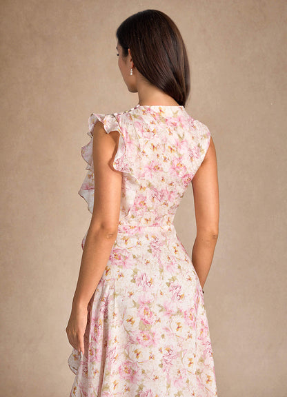 Antique Rose Floral A-Line Pleated Floral Chiffon Dress