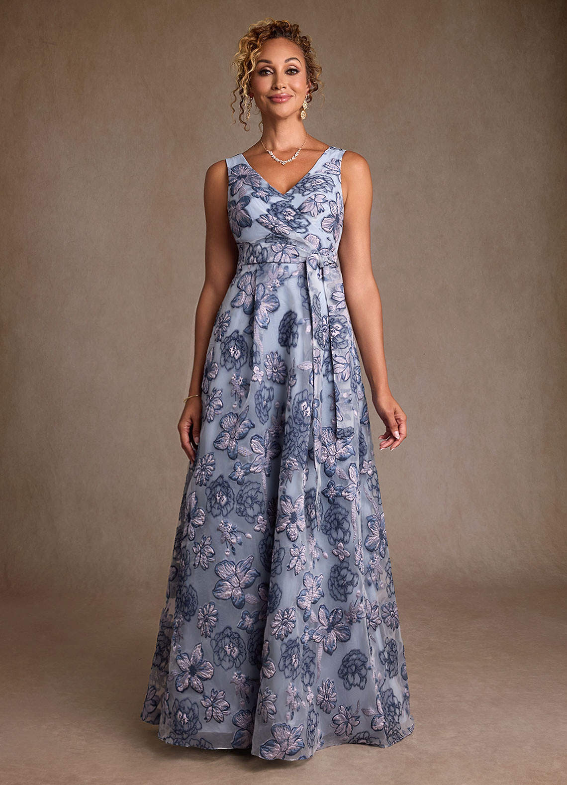 Dusty Blue Jacquard A-Line Pleated Floral Jacquard Dress