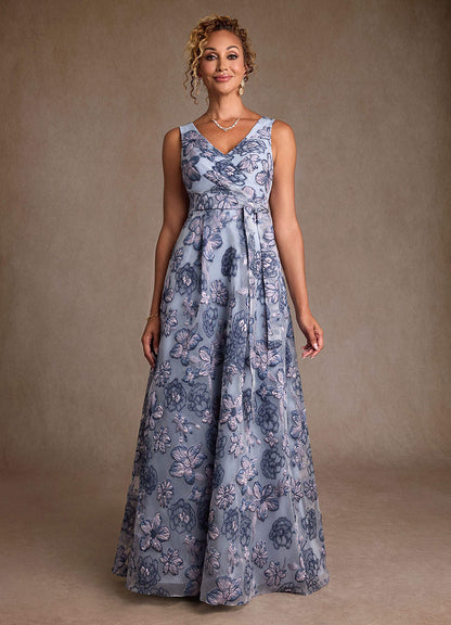 Dusty Blue Jacquard A-Line Pleated Floral Jacquard Dress