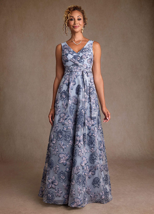 Dusty Blue Jacquard A-Line Pleated Floral Jacquard Dress