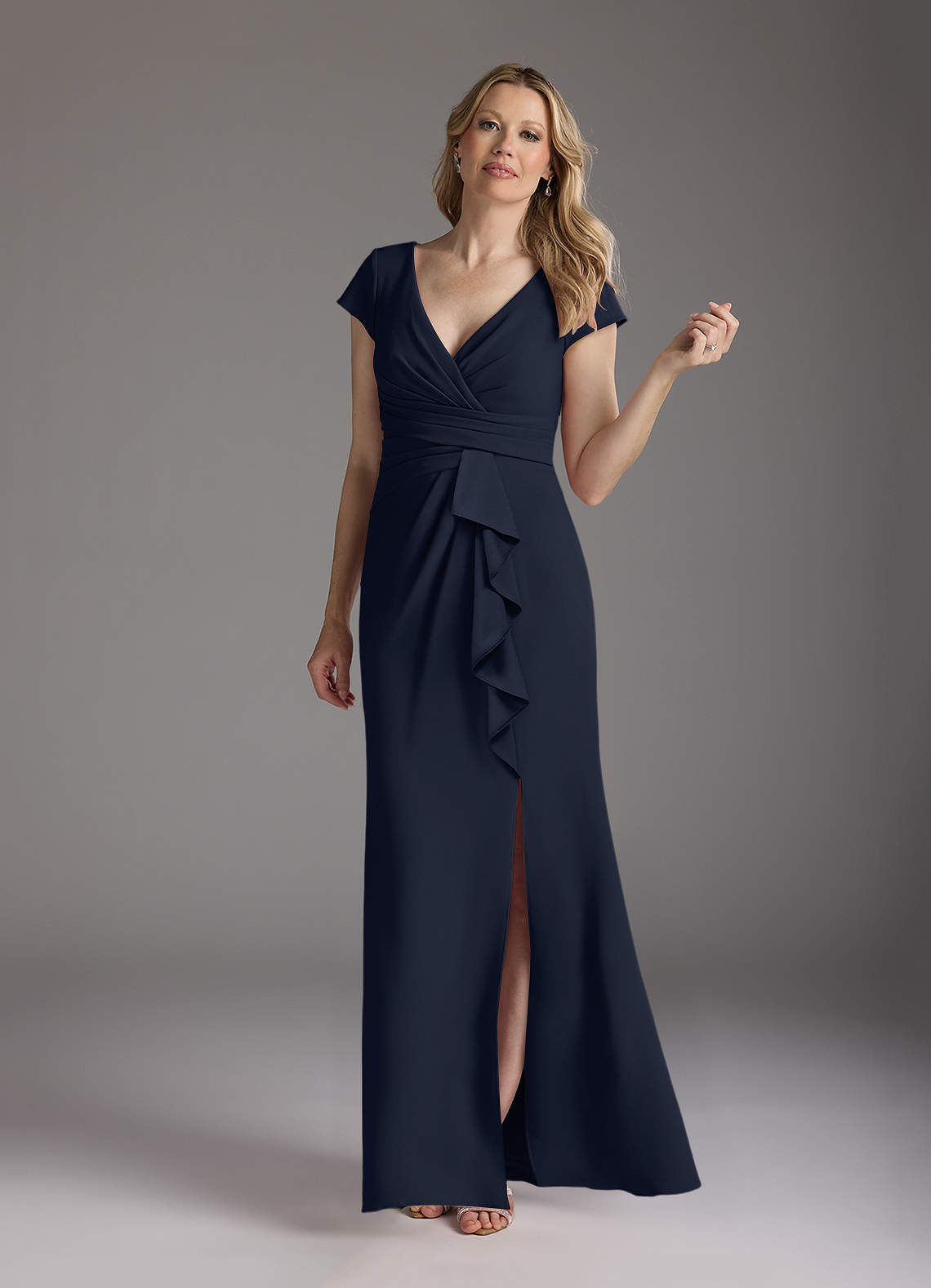 Dark Navy Mermaid V-Neck Pleated Stretch Crepe Dress