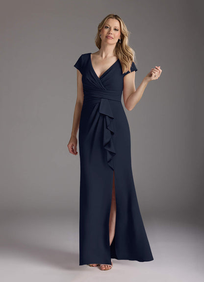 Dark Navy Mermaid V-Neck Pleated Stretch Crepe Dress