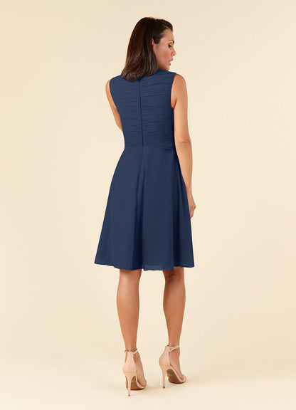 Dark Navy A-Line V-Neck Pleated Chiffon Dress