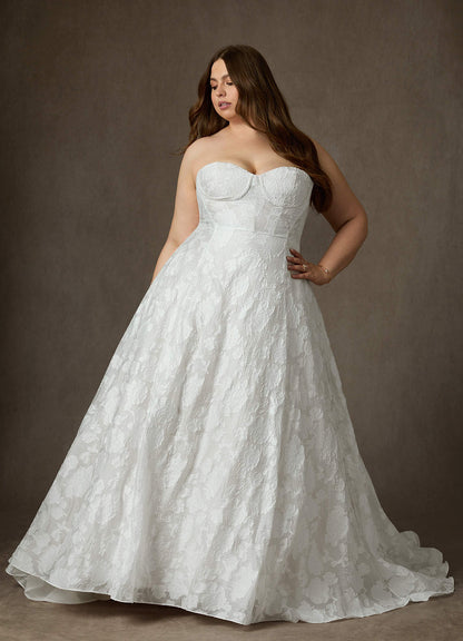 Diamond White Ball-Gown Strapless Floral Burnout Jacquard Dress
