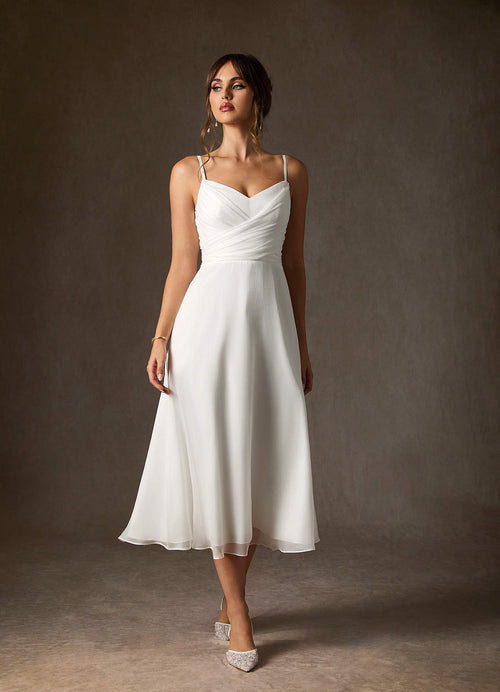 Diamond White A-Line V-Neck Pleated Crinkle Chiffon Dress