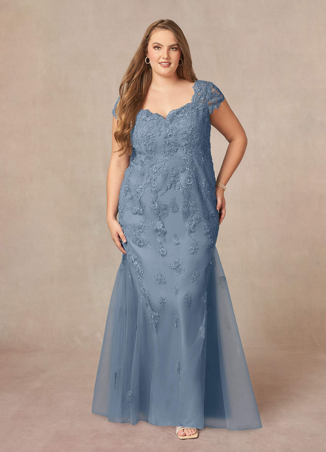 Dusty Blue Mermaid Queen Anne Sequins Lace Dress