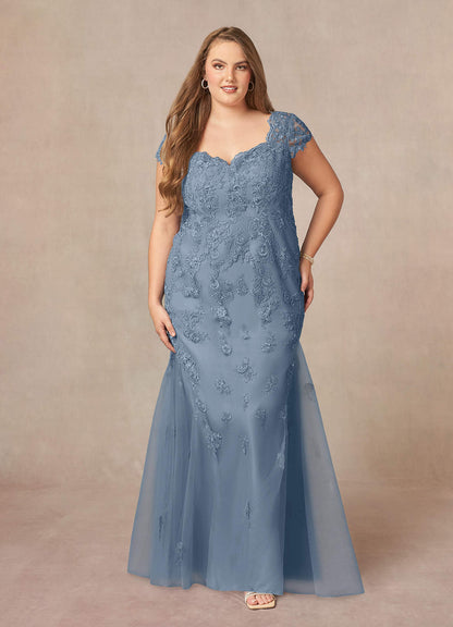 Dusty Blue Mermaid Queen Anne Sequins Lace Dress