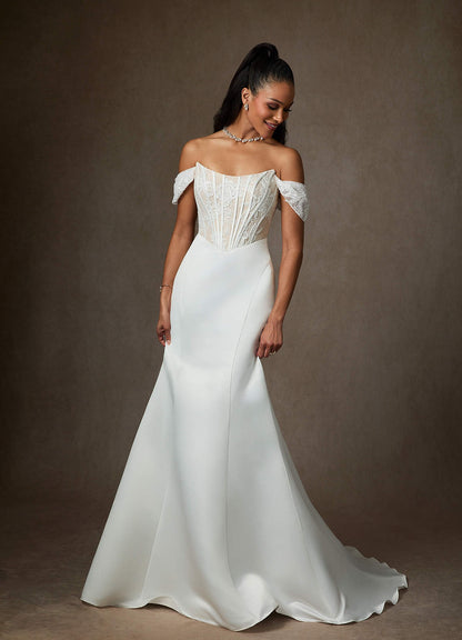 Diamond White Champagne Mermaid Off the Shoulder Satin Dress